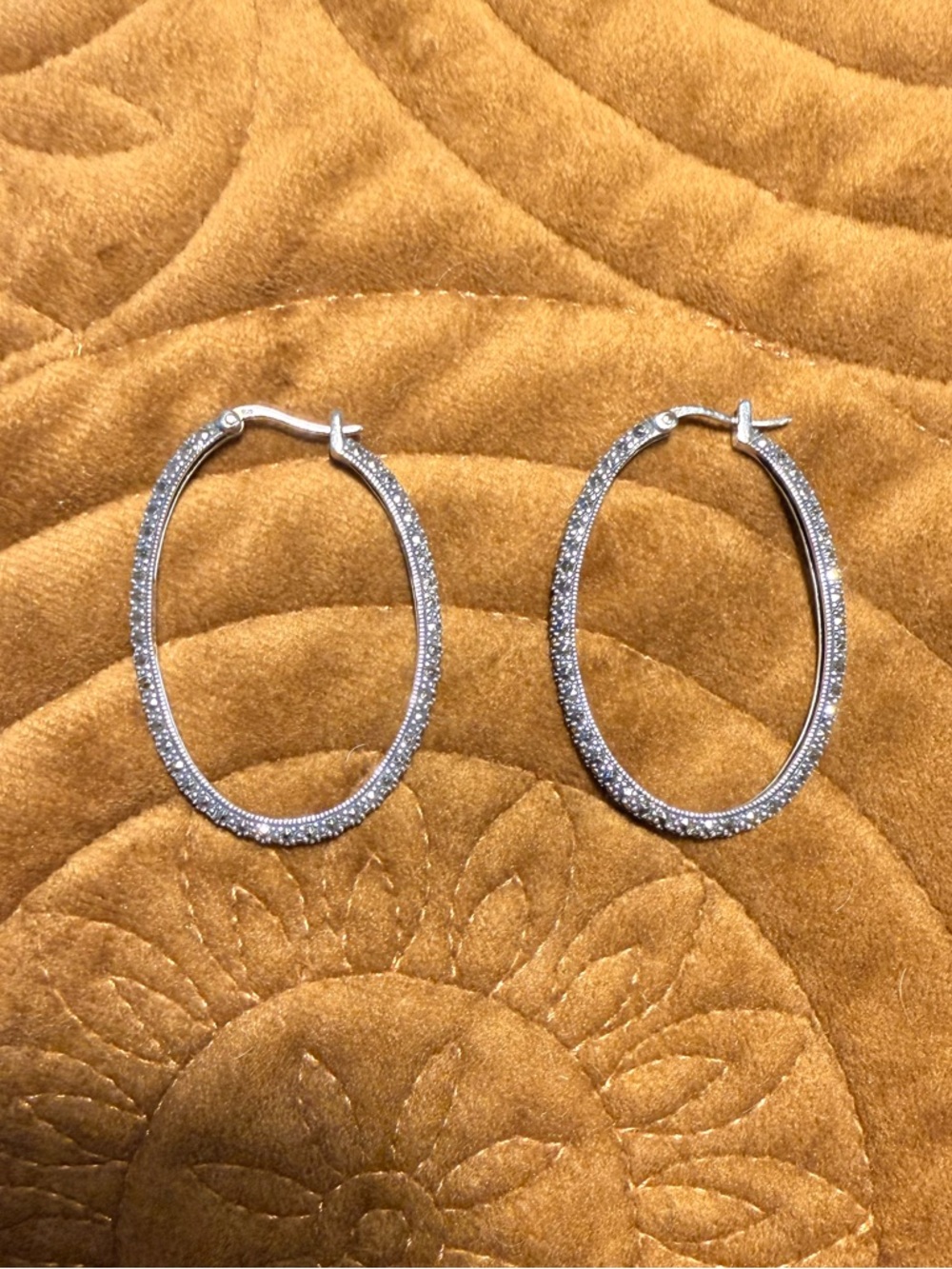 Vintage 925 Sterling Silver Pave Oval Hoop Earrings - Sparkling Silver